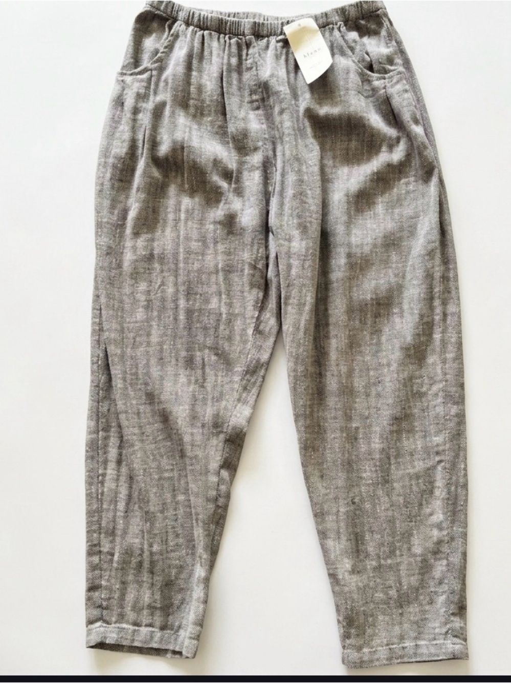 NWT Kleen women’s Linen Gray Herringbone Pull-On Pants, Elastic Waist, Pockets L